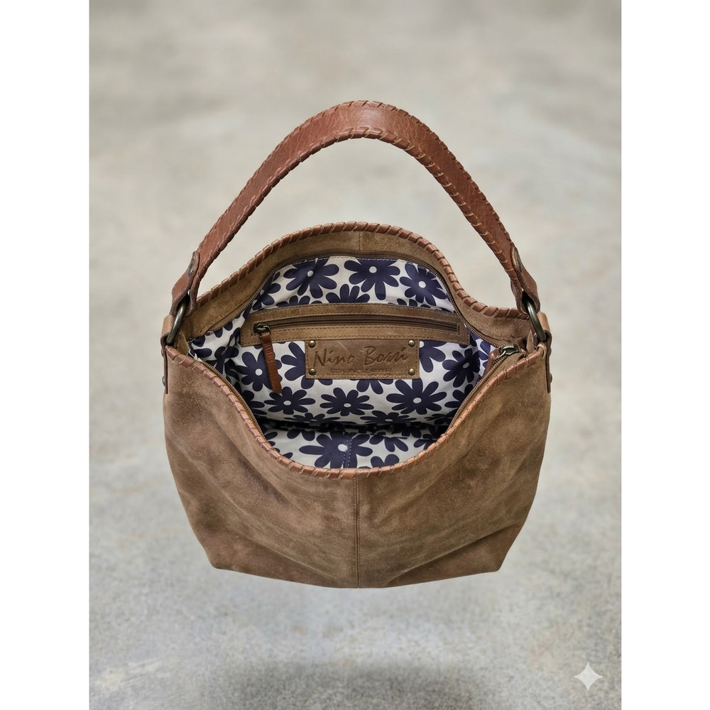 Nino Bossi Vintage Boho Whipstitch Brown Leather Hobo Bag Shoulder Purse Medium
